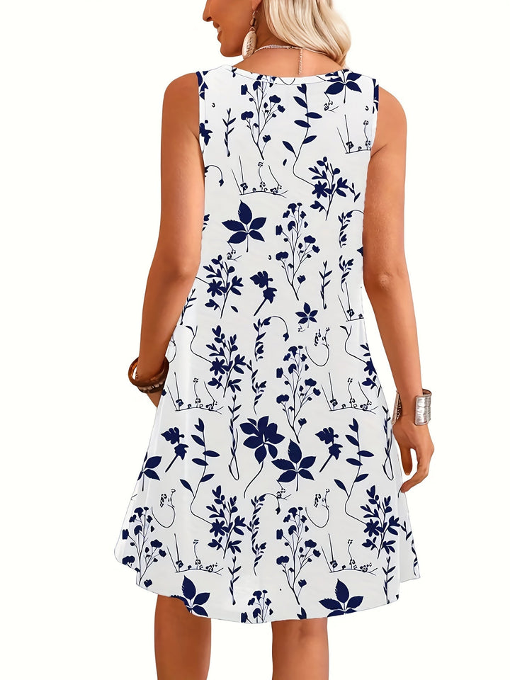 Elegantes ärmelloses Sommerkleid für Damen mit frühlingshaftem Blumenmuster. Schick und vielseitig.