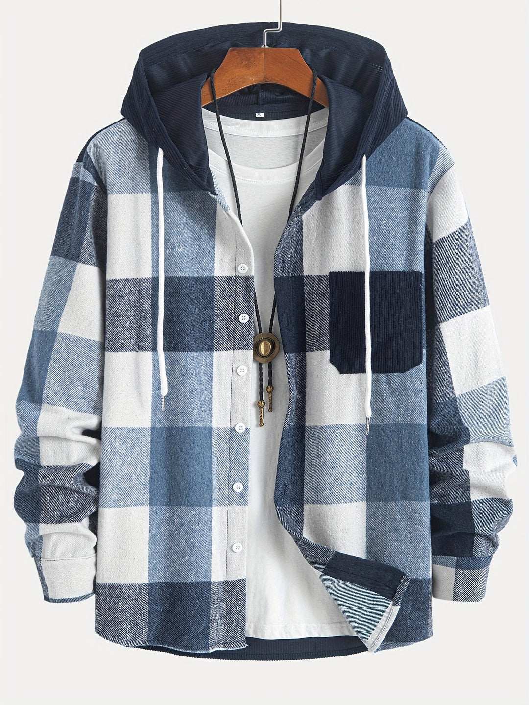Modische Herren Kariert-Hemdjacke mit Kapuze, Brusttaschen, Knopfverschluss, Herbst/Winter Look.