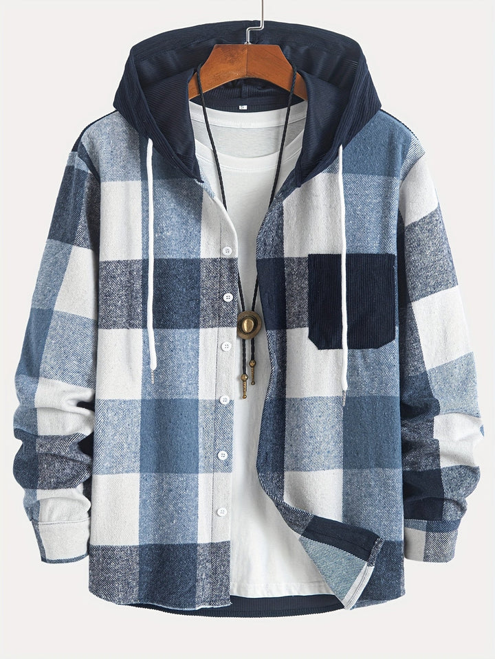 Modische Herren Kariert-Hemdjacke mit Kapuze, Brusttaschen, Knopfverschluss, Herbst/Winter Look.
