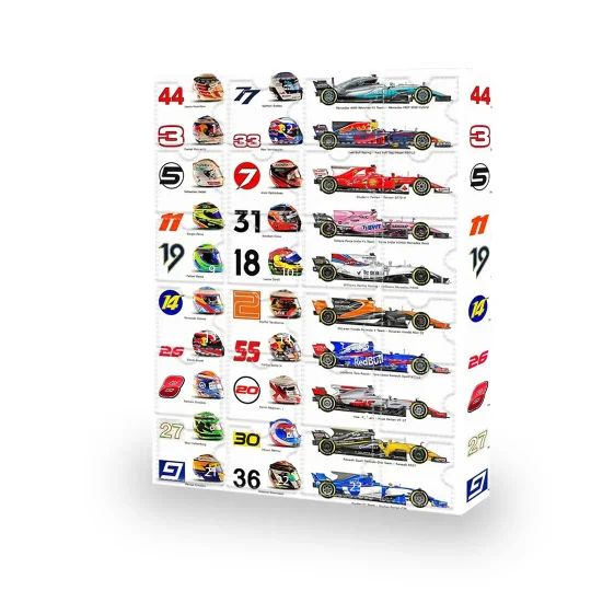 F1-Adventskalender in Rot für Rennfahrer und Sammler. 24 Türchen voller Racing-Fanartikel; perfektes Weihnachtsgeschenk.