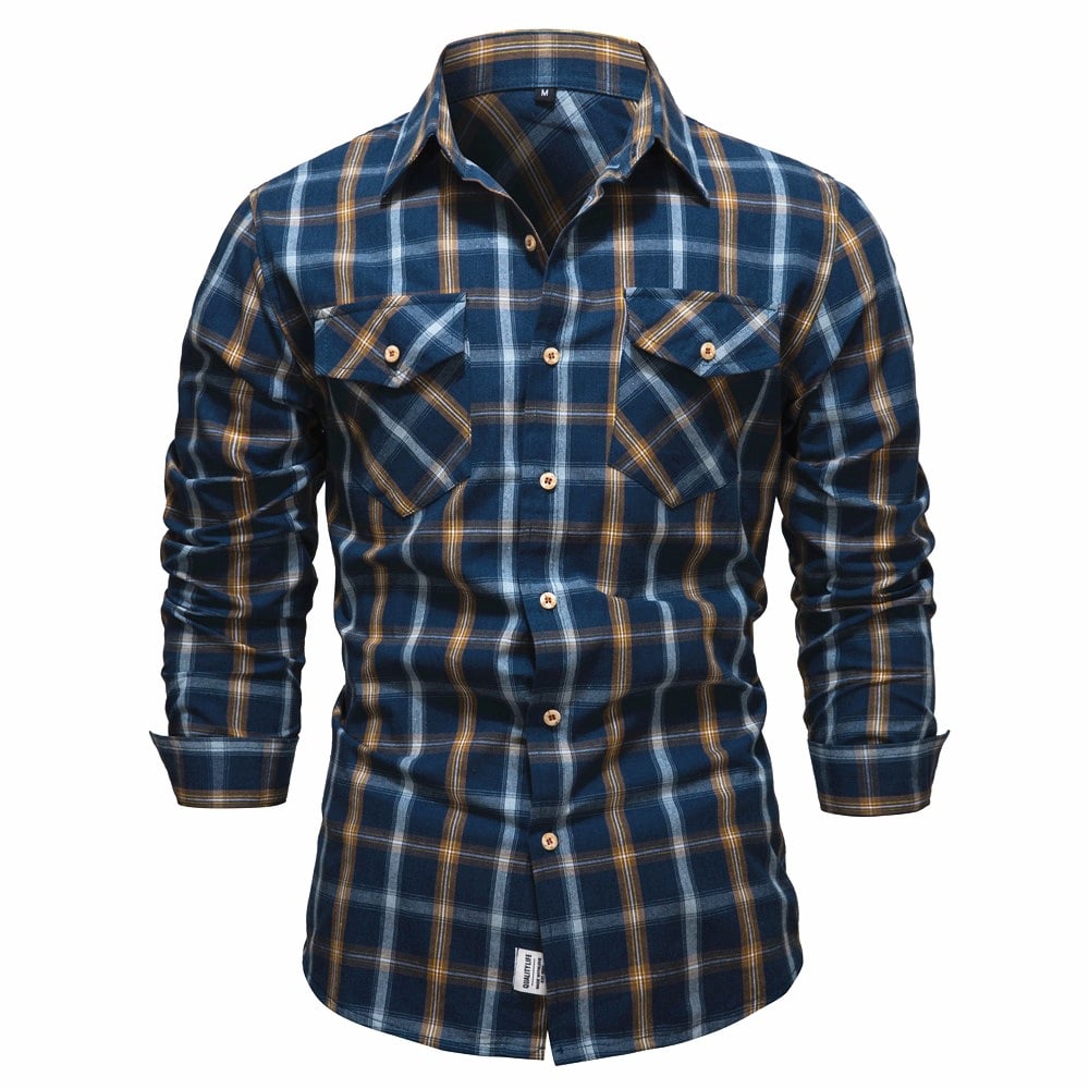 Kariertes Herrenhemd in Khaki, Marineblau & Weinrot, Langarm Slim Fit; bequemes, elegantes Freizeithemd für Männer.
