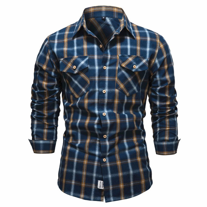 Kariertes Herrenhemd in Khaki, Marineblau & Weinrot, Langarm Slim Fit; bequemes, elegantes Freizeithemd für Männer.