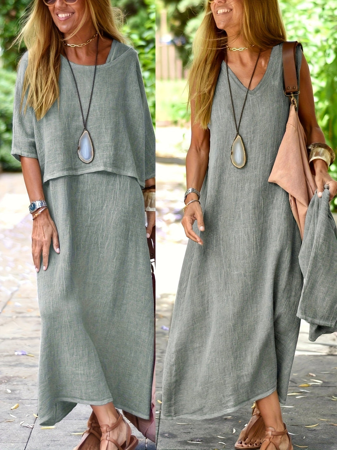 Damen Maxikleid Set im Boho-Stil. Leichtes, luftiges Zweiteiler Sommerkleid für Freizeit & Urlaub.