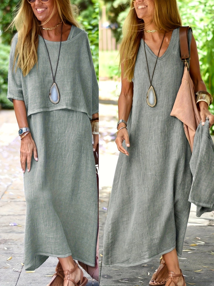 Damen Maxikleid Set im Boho-Stil. Leichtes, luftiges Zweiteiler Sommerkleid für Freizeit & Urlaub.