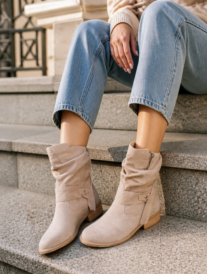Moderne Damenschuhe: bequeme Stiefeletten mit weichem Fußbett und flachem Absatz für Freizeit und Büro.