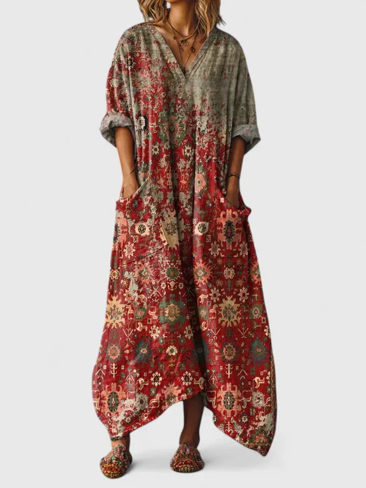 Damen Boho Kleid mit fließendem Schnitt, V-Ausschnitt & gemustertem Stoff für eleganten Sommer-Look.