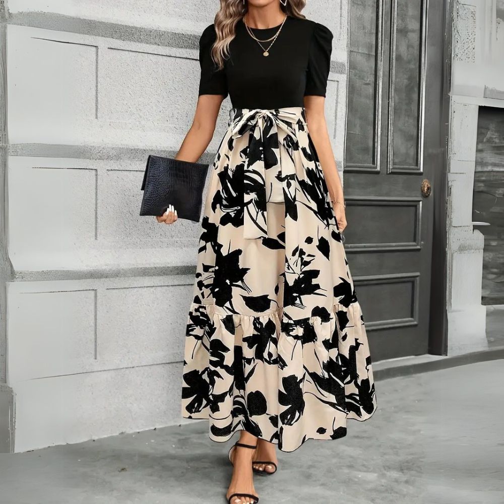 Elegantes Damen Maxikleid mit Blumenmuster, A-Linie, hohe Taille. Perfektes Sommerkleid für Freizeit & Frühling.