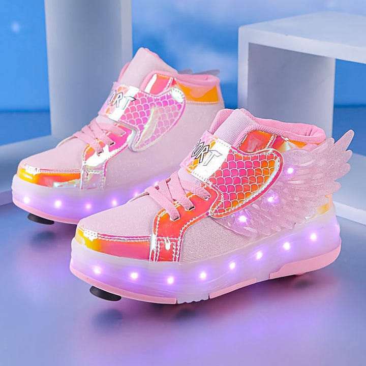 Leuchtende Kinder Rollschuh-Sneaker mit LED-Lichtern und coolen Flügeln für Jungen & Mädchen, bequeme Freizeit-Schuhe.