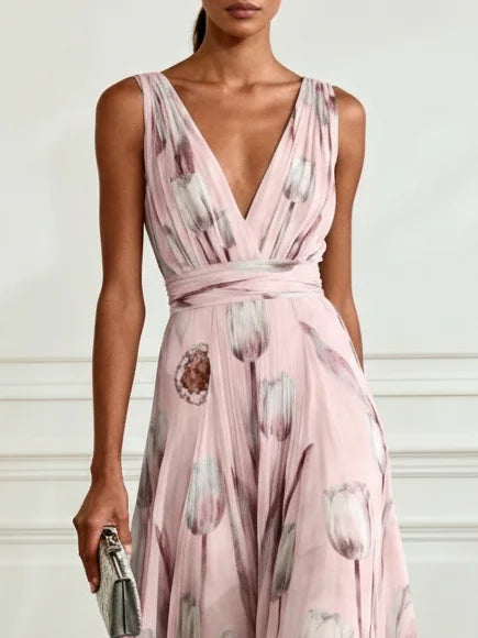 Stilvolles Damen Maxikleid mit V-Ausschnitt, charmantem Tulpenmuster und fließendem Rock. Ideal als Cocktailkleid.