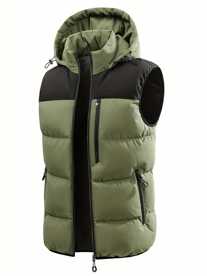 Stylische zweifarbige Herrenweste mit Kapuze, gesteppt, für einen lässigen Outdoor-Look und Komfort.