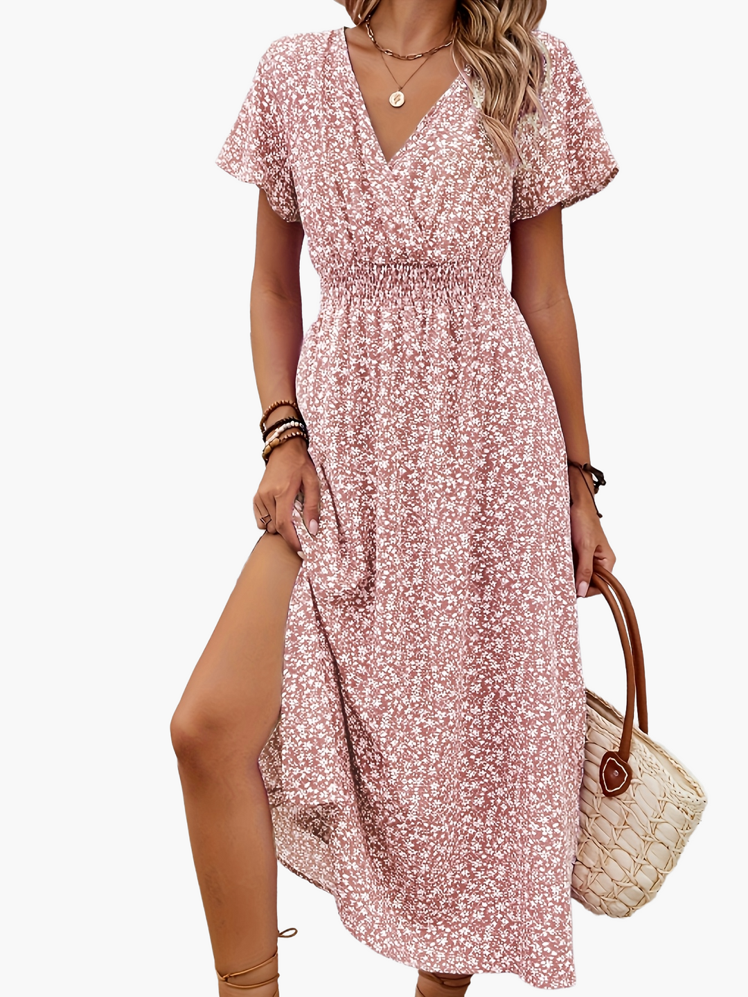 Schickes Damen Midikleid, elegant und floral, mit V-Ausschnitt und seitlichem Schlitz.