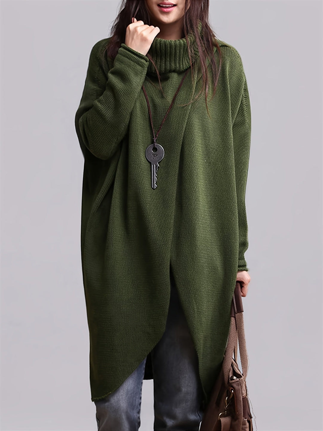 Elegantes Damen Rollkragen Longshirt mit asymmetrischem Saum. Perfekt für Herbst & Winter, bequem & stilvoll.