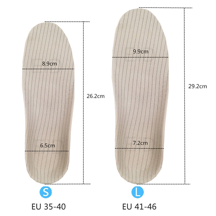 Profil der orthopädischen Unisex Einlegesohle, zeigt ergonomische Bogenstütze zur Korrektur von Plattfüßen.
