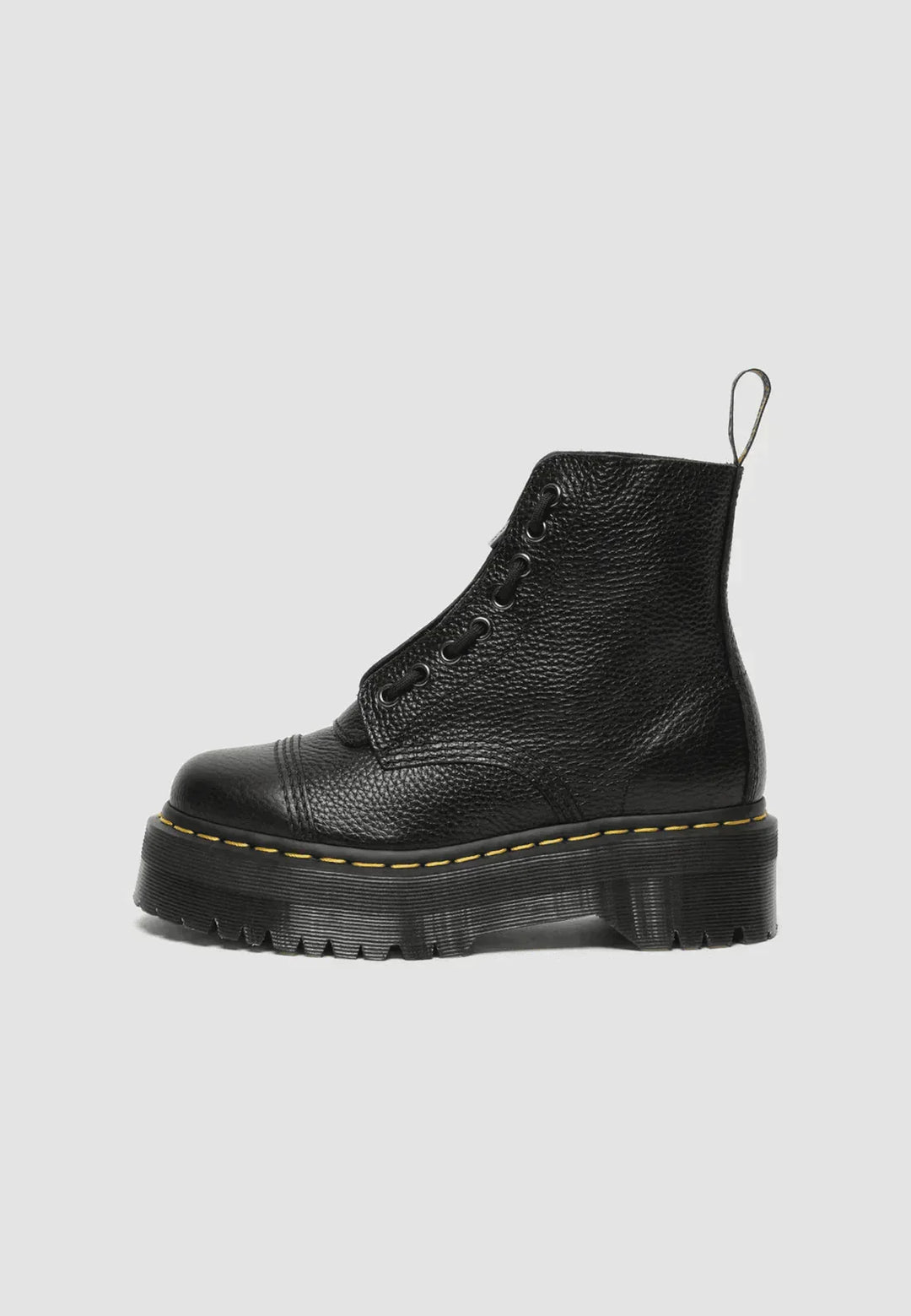 Detailansicht: Schwarze Damen Plateau-Stiefelette, Chunky Sohle, Doppelreißverschluss, ideal für den modernen Streetstyle.