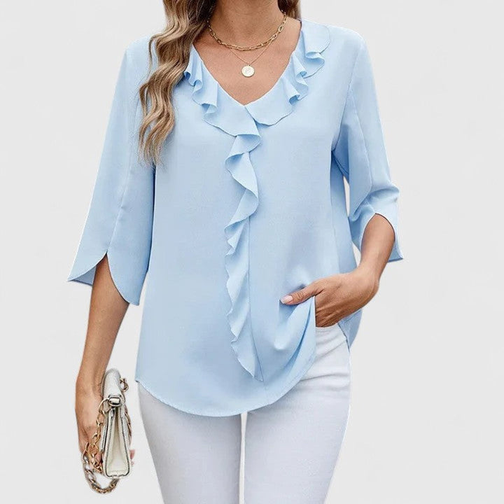 Elegante Damen-Rüschenbluse mit V-Ausschnitt & 3/4-Ärmeln. Perfekt für Büro & Freizeit im Frühling/Sommer.