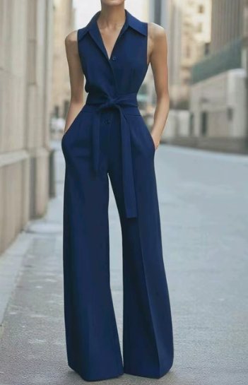 Business Damen Jumpsuit, elegant mit Gürtel und V-Ausschnitt, ideal für Büro und formelle Anlässe. Moderner Overall.