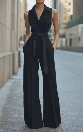 Eleganter Damen Overall mit figurbetontem Gürtel. Perfekt als Abendmode und für festliche Ereignisse.