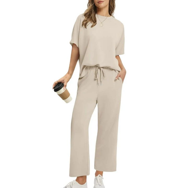 Damen elegantes Alltags-Set mit lockerem Kurzarm Top und bequemer Knöchelhose, ideal für Frühling/Sommer Freizeit.
