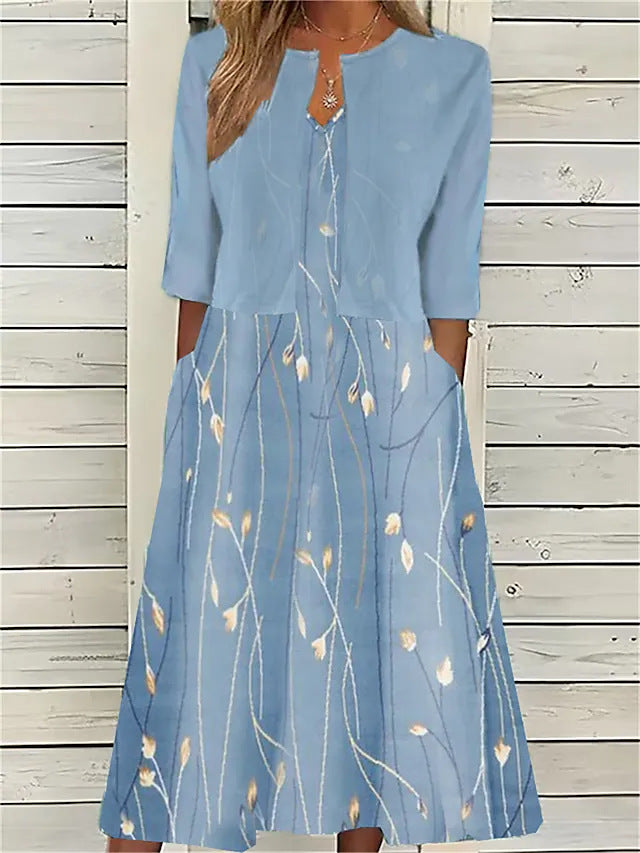 Elegantes Damen Midikleid mit Blumenmuster, fließend und leicht, perfekt für Frühling & Sommer.