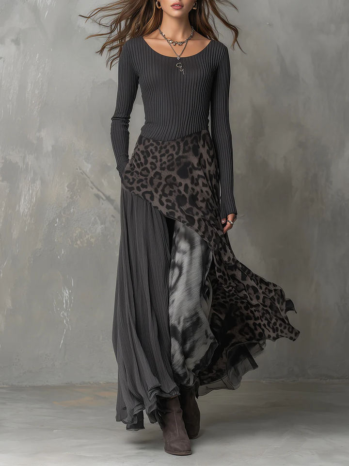 Elegantes Damen Herbst Maxikleid im Boho-Stil, langärmelig, mit attraktivem Muster, perfekt für Freizeit.
