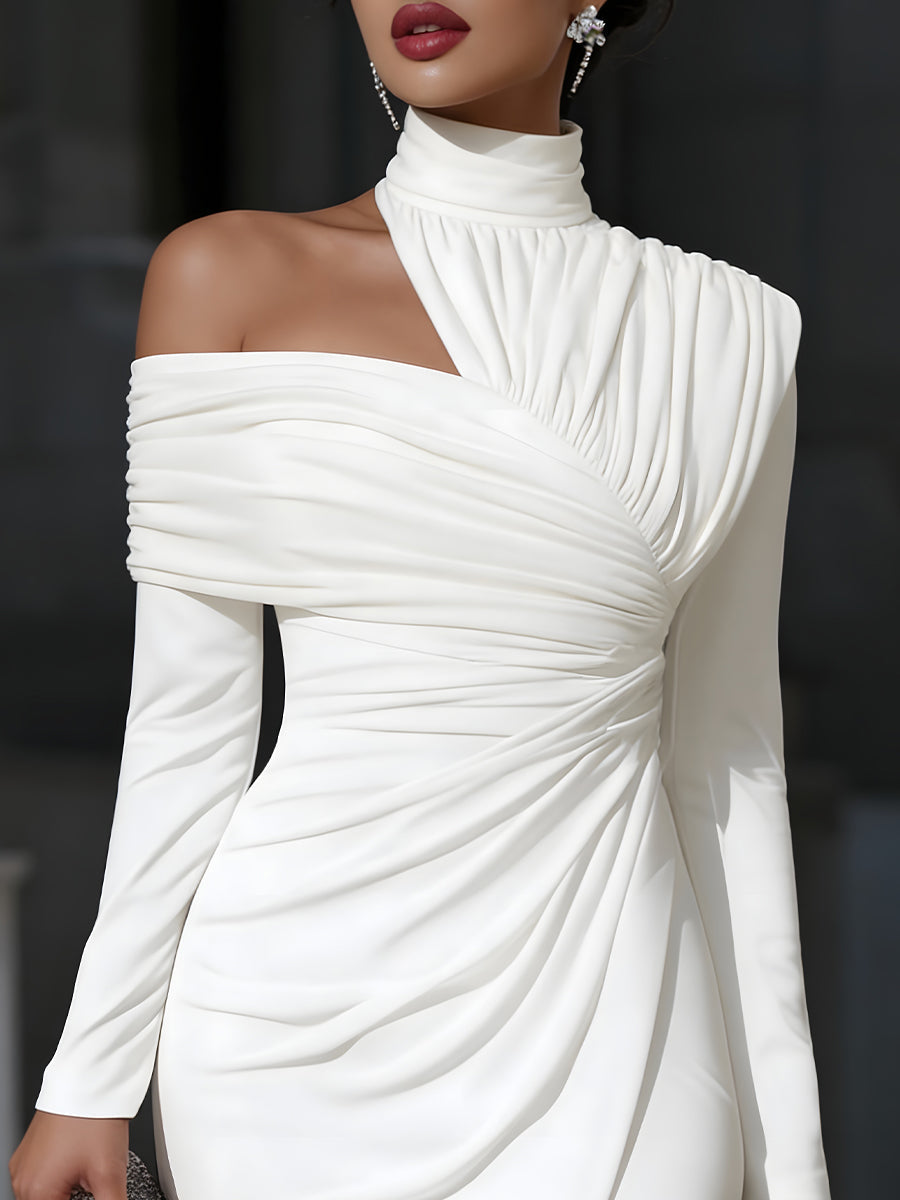 Festliches Einschulter-Maxikleid für Damen, elegant drapiert, perfekt als Abendkleid oder Hochzeitsgast-Outfit.