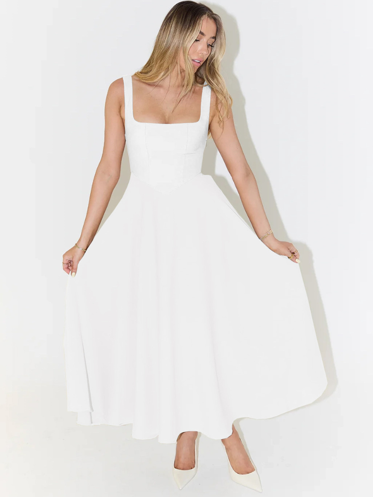 Schwarzes festliches Damen A-Linien Midikleid, Herbstkleid, quadratischer Ausschnitt, breite Träger. Elegant.