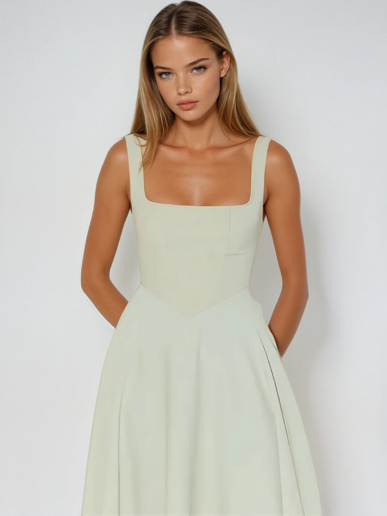 Salbeigrün modisches Damen Herbstkleid, knielang, breite Träger, quadratischer Ausschnitt. Vielseitig.