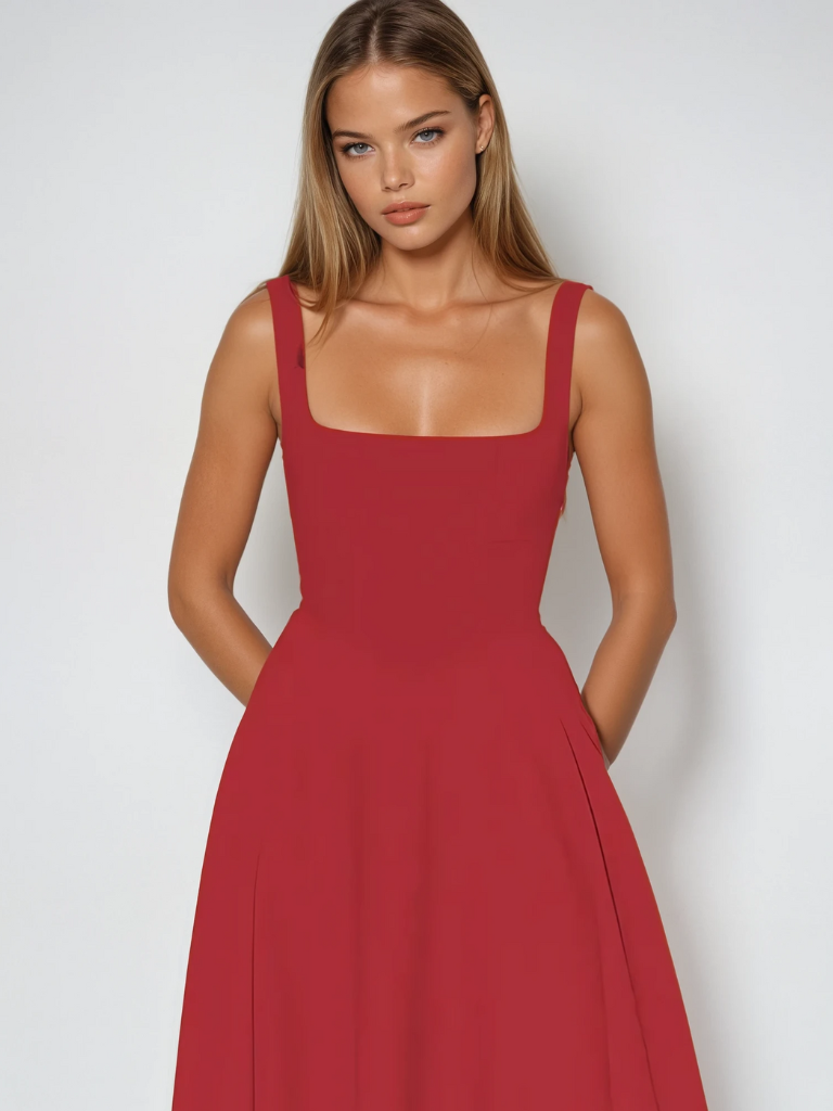Weißes festliches Damen Midikleid, stilvolles Herbstkleid mit quadratischem Ausschnitt & breiten Trägern.