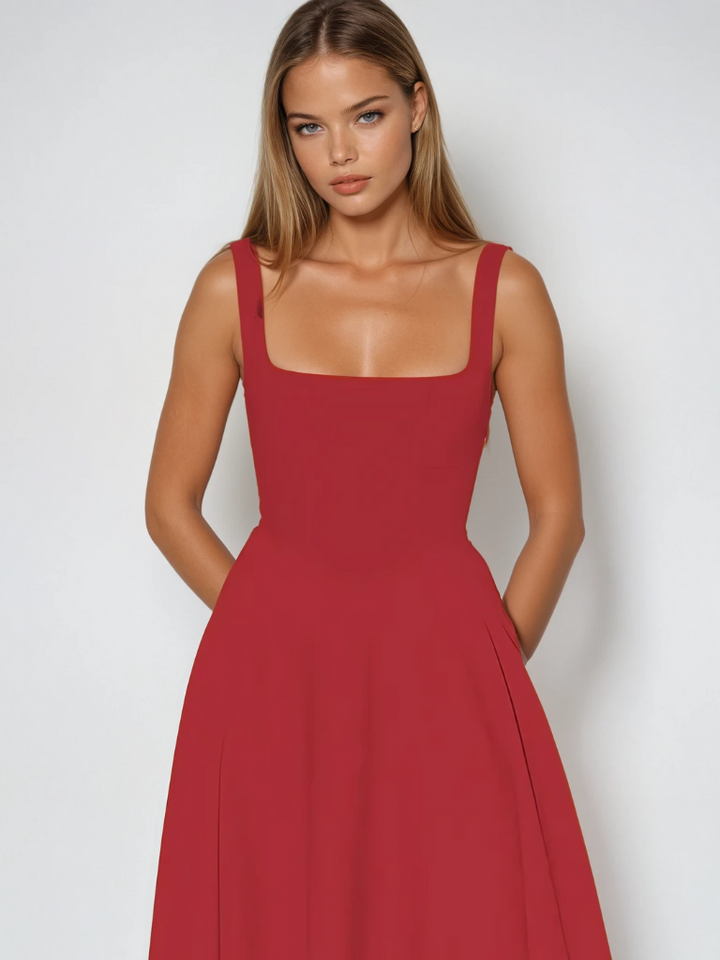 Weißes festliches Damen Midikleid, stilvolles Herbstkleid mit quadratischem Ausschnitt & breiten Trägern.