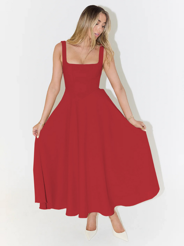 Schwarzes modisches Damen Midikleid, Herbstkleid, A-Linie, breite Träger, quadratischer Ausschnitt. Festlich.