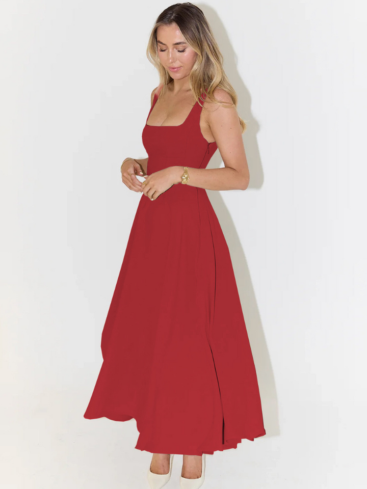 Elegantes salbeigrün Damen Midikleid mit quadratischem Ausschnitt, breite Träger. Perfektes Herbstkleid, vielseitig.