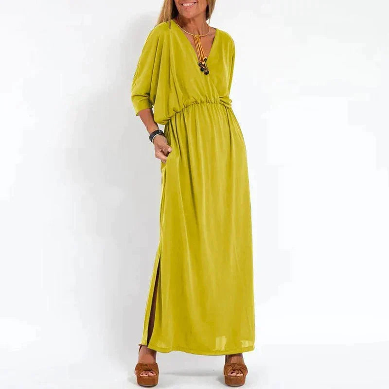 Damen Maxikleid Sophia, herbstliches langes Kleid in Grau. Ideal als Freizeitkleid oder festliches Abendkleid.
