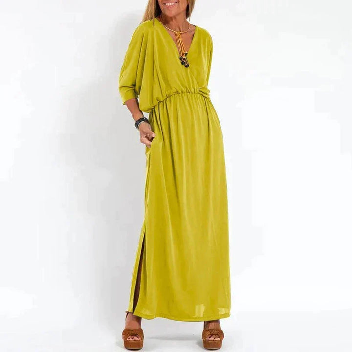 Damen Maxikleid Sophia, herbstliches langes Kleid in Grau. Ideal als Freizeitkleid oder festliches Abendkleid.