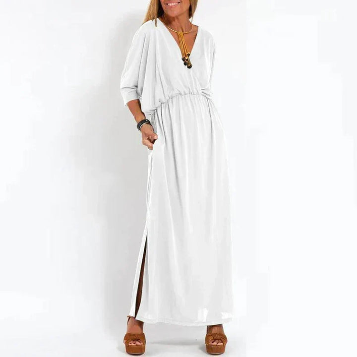 Elegantes Damen Maxikleid Sophia, schwarzes Herbstkleid mit V-Ausschnitt. Ideal als Freizeit- oder Abendkleid.