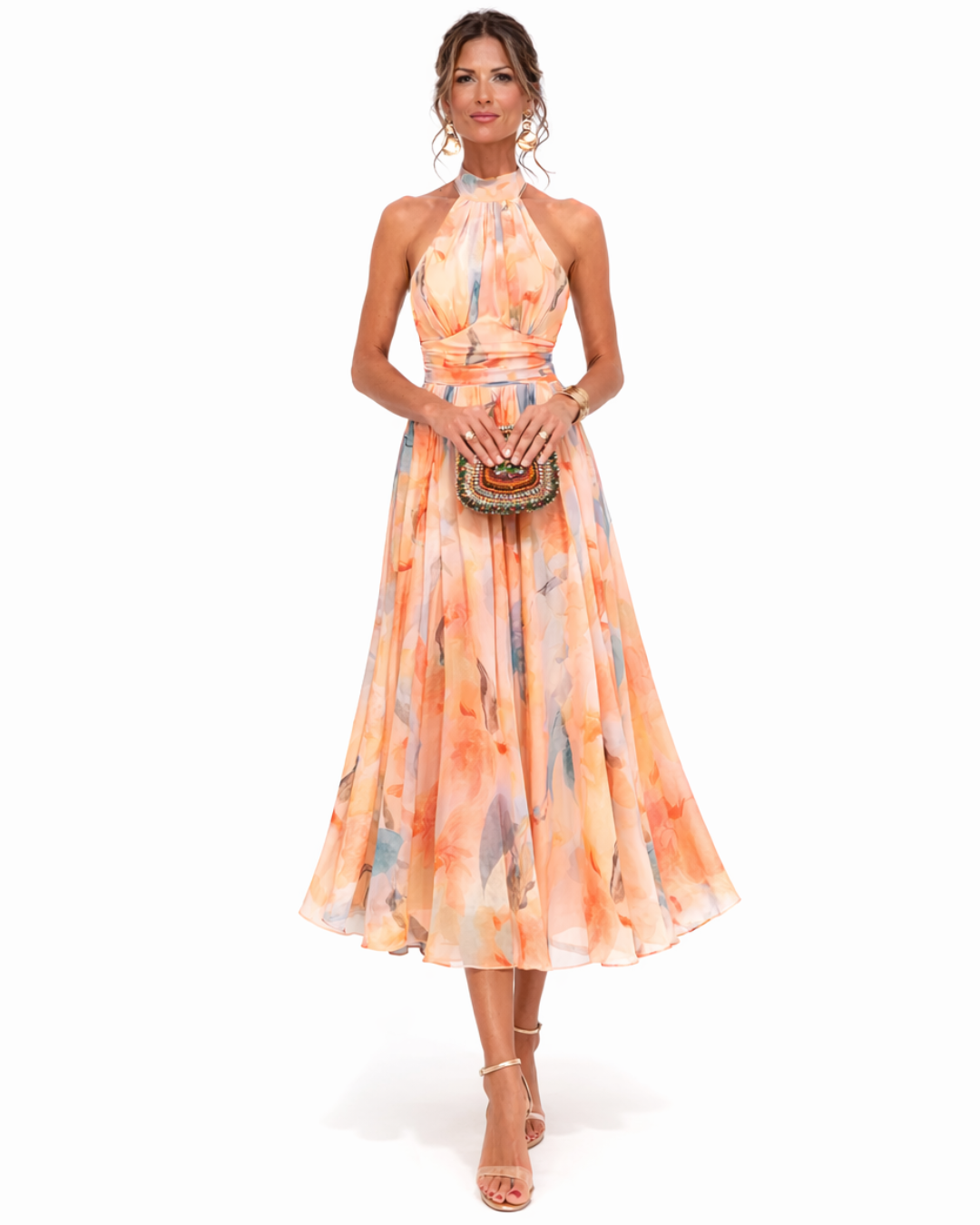 Damen Maxikleid im Aquarell-Look mit elegantem Halterneck-Ausschnitt, perfekt für Sommer und Urlaub.