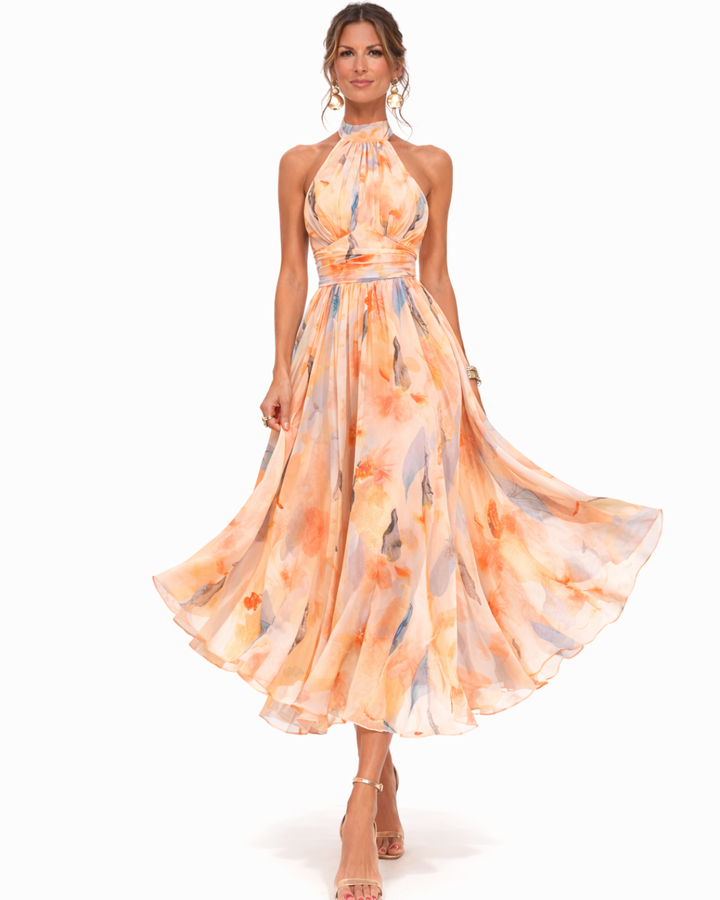 Fließendes ärmelloses Damen Sommerkleid in modischem Aquarell-Design, ideal als Festkleid oder Urlaubskleid.