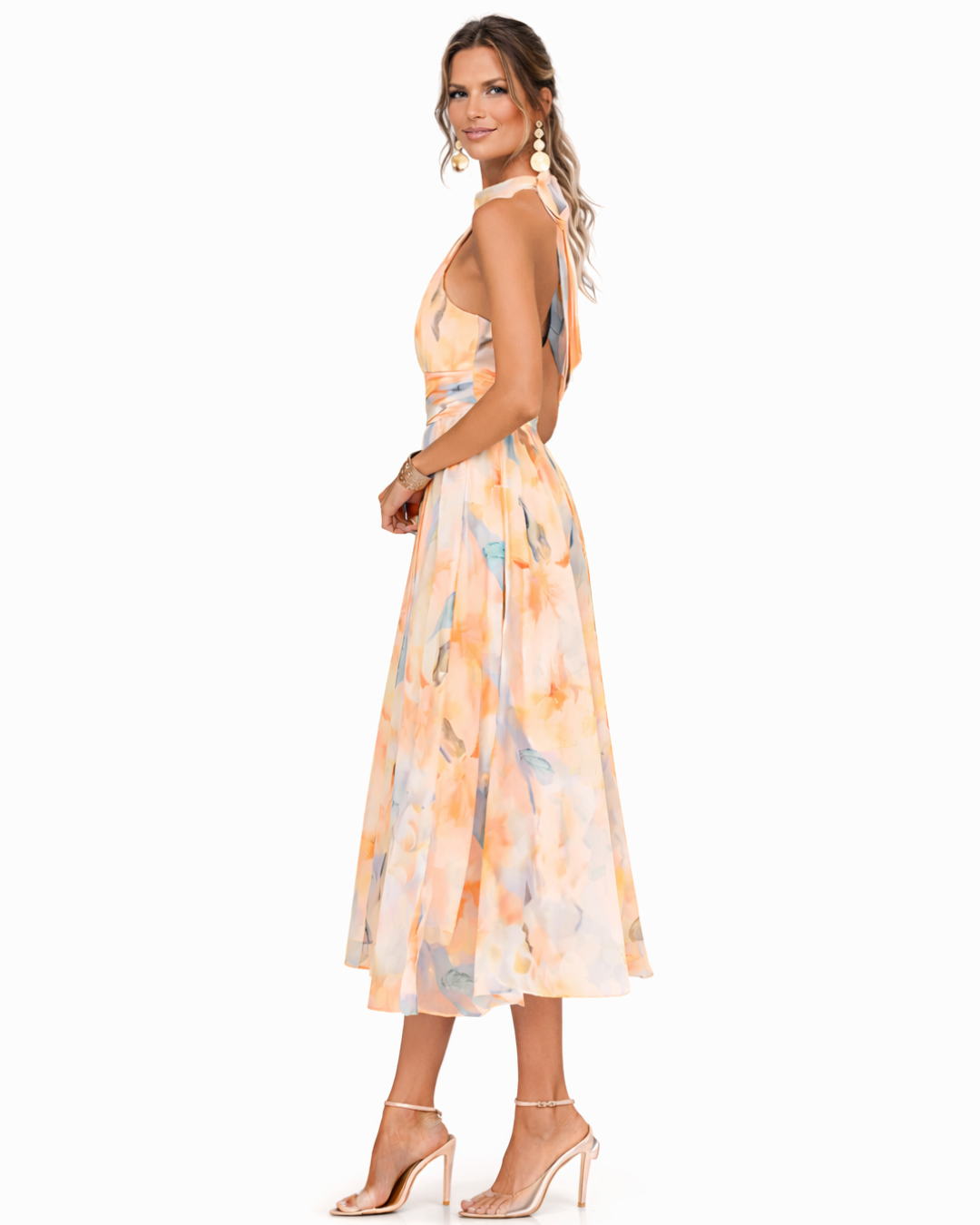 Elegantes Damenkleid, Maxilänge, mit lebhaftem Aquarellmuster. Ärmelloses Design für sommerlichen Chic.