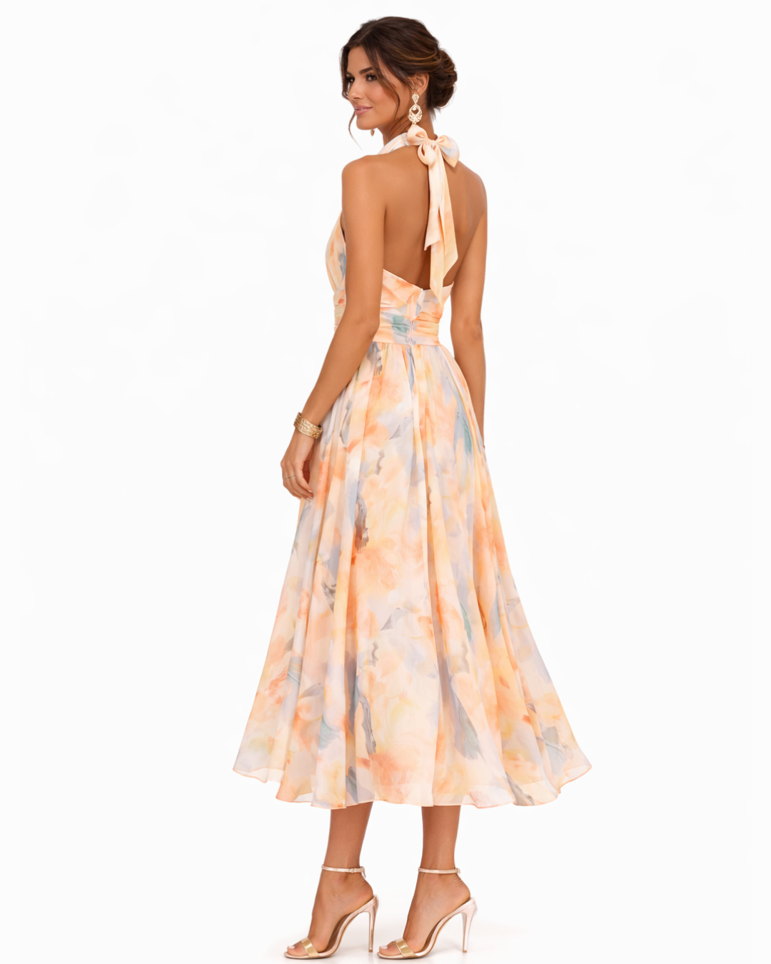 Modisches Halterneck Maxikleid für Damen mit einzigartigem Aquarellprint. Ideal für festliche Anlässe im Sommer.