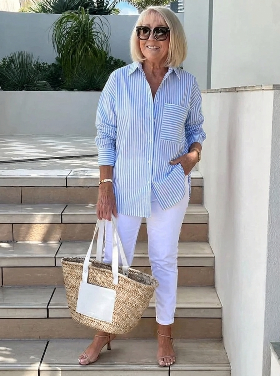Lässiges Damen Streifenhemd, elegantes Oberteil für Frühling & Sommer. Perfekt für Büro & Freizeit.