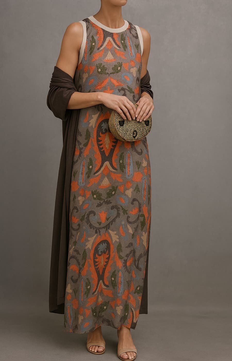 Stilvolles Damen Outfit: Maxikleid mit aufwendiger Blumenstickerei und farblich abgestimmtem Mantel für feminine Eleganz.