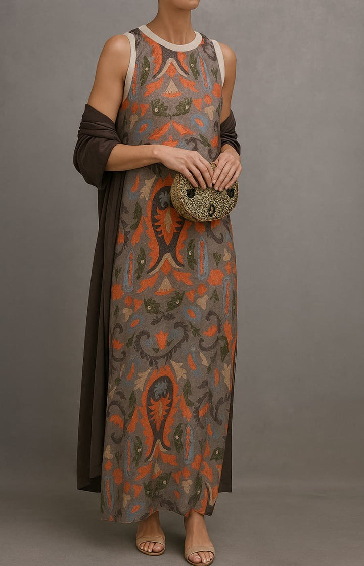 Stilvolles Damen Outfit: Maxikleid mit aufwendiger Blumenstickerei und farblich abgestimmtem Mantel für feminine Eleganz.