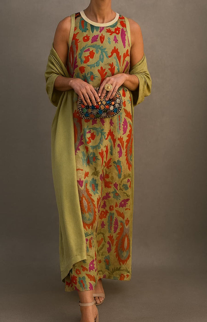 Elegantes Damen Maxikleid mit Blumenstickerei & passendem Mantel, ideal für festliche Anlässe und Abende.