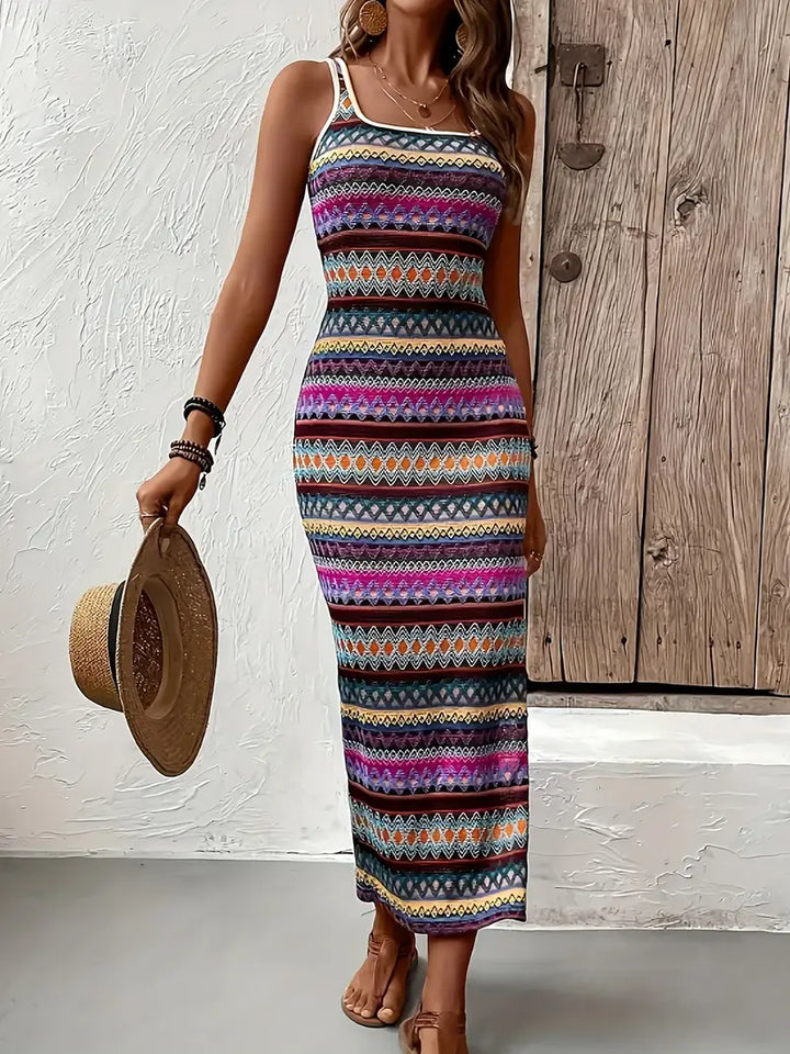 Model präsentiert Damen Midikleid Frieda in elegantem Streifenmuster mit quadratischem Ausschnitt. Ideal für Sommer-Looks.
