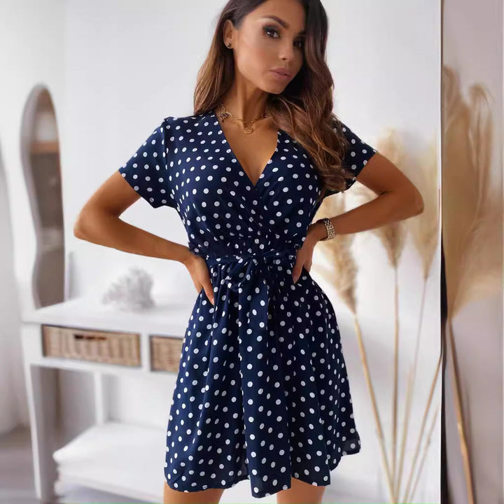 Vielseitiges Damen Polka-Dot Wickelkleid; elegantes Sommerkleid, Freizeitkleid oder Partykleid mit Pünktchenmuster & Kurzarm.