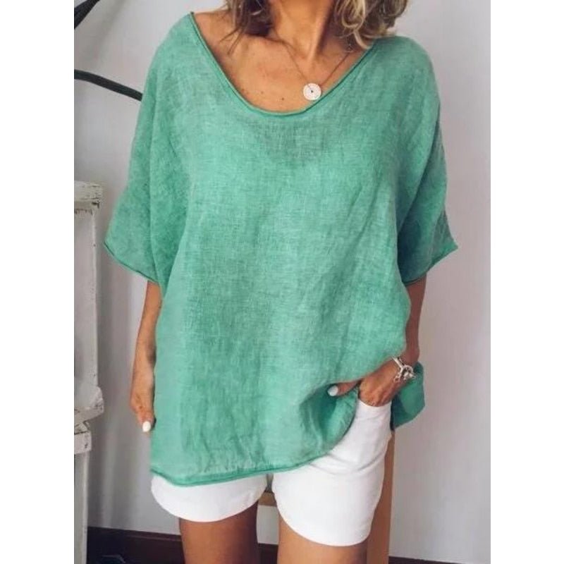 Komfortables & stylisches Damen Oversized Leinen T-Shirt mit Kurzarm. Perfekt für lässige Sommer-Outfits.