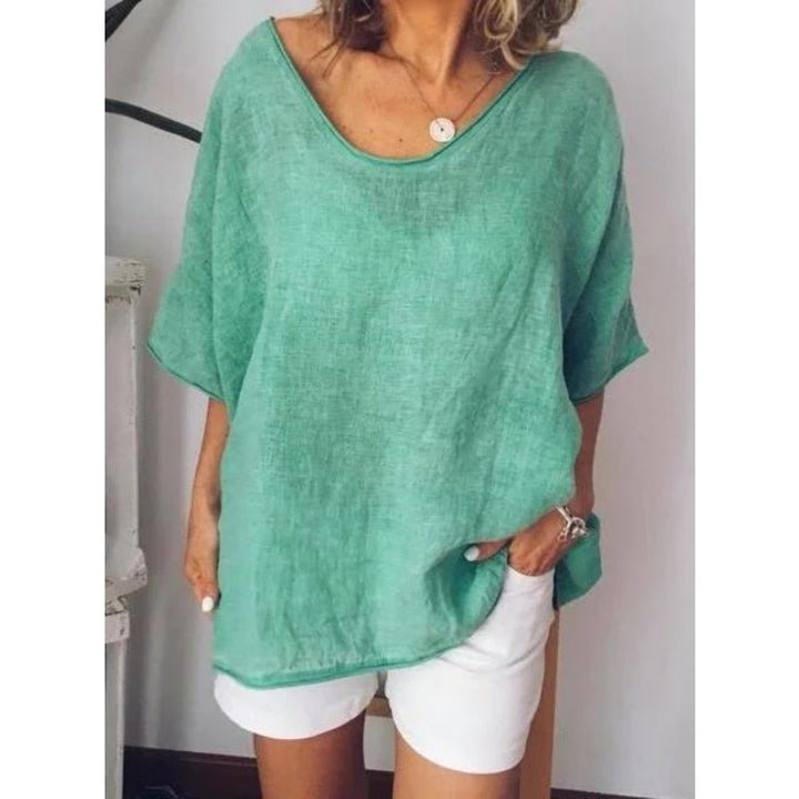 Komfortables & stylisches Damen Oversized Leinen T-Shirt mit Kurzarm. Perfekt für lässige Sommer-Outfits.