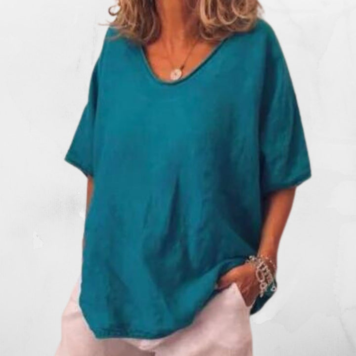 Lässiges Oversized Leinen T-Shirt für Damen. Perfekt für Sommer & Freizeit. Komfortables Kurzarm-Basic.