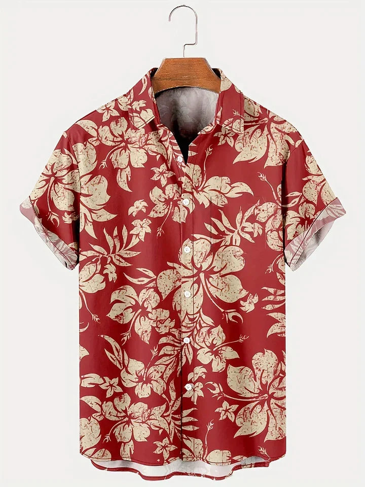 Modisches Freizeithemd für Herren mit auffälligem Blumenmuster in Blau und Rot. Perfekt für Urlaub und Freizeit.