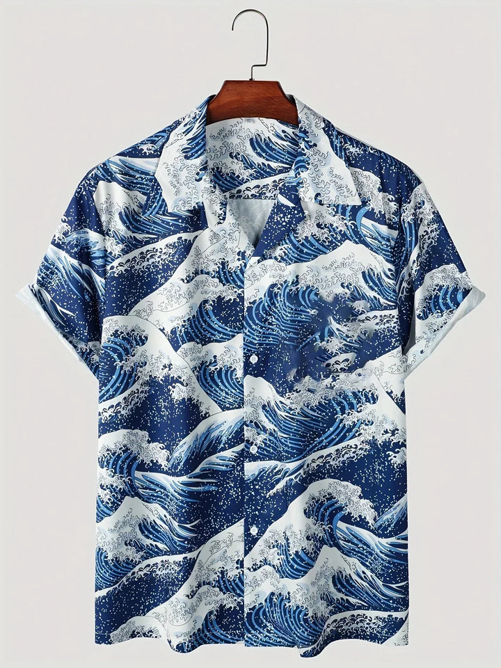 Trendiges Herren Sommerhemd in Blau-Rot mit modernem floralem Design. Stylisches Kurzarmhemd für Männer Mode.