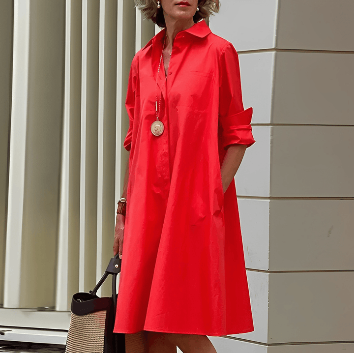 Herbstliches Damenkleid, schickes Shirtdress mit Umschlagkragen. Vielseitiges Freizeitkleid, lange Ärmel.